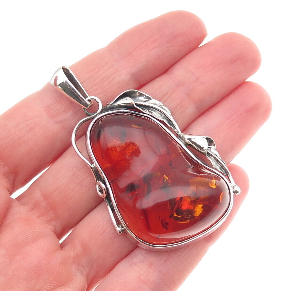 925 Sterling Silver Vintage Real Amber Modernist Floral Oxidized Pendant